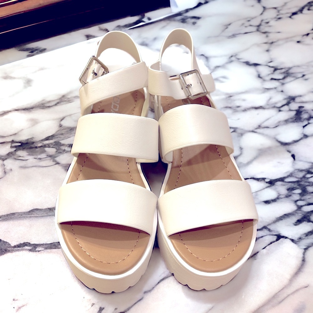 Soda White Triple-Strap Wedge Sandals